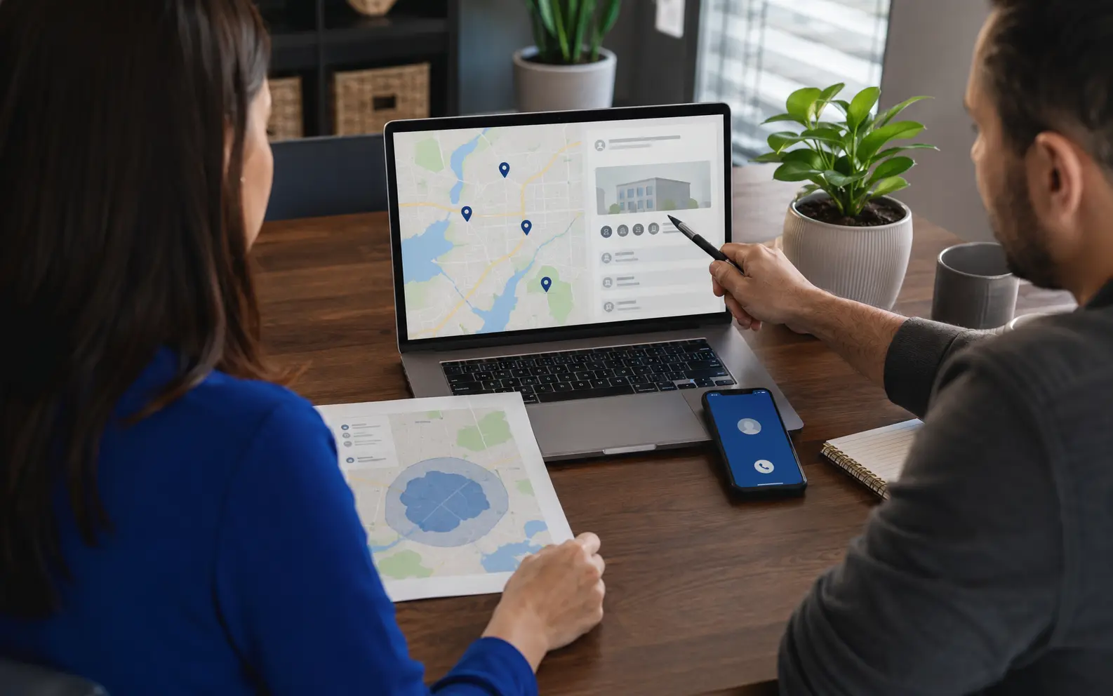 Local business owners reviewing Google Business Profile map visibility and customer activity