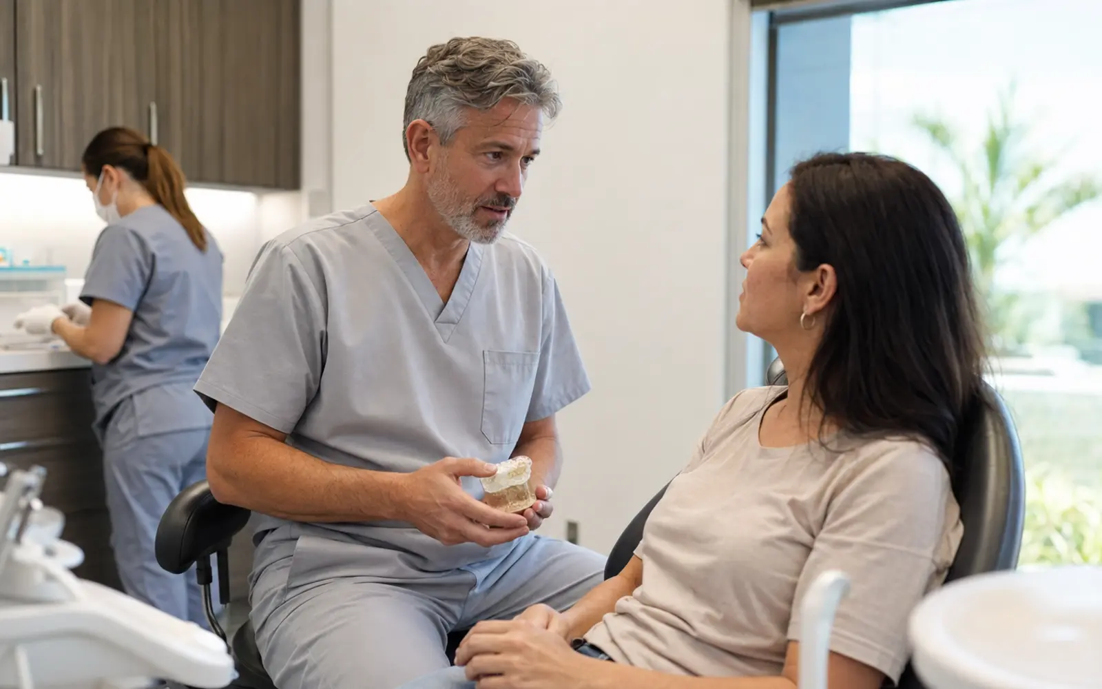 Dentist consulting with a patient in a modern dental practice