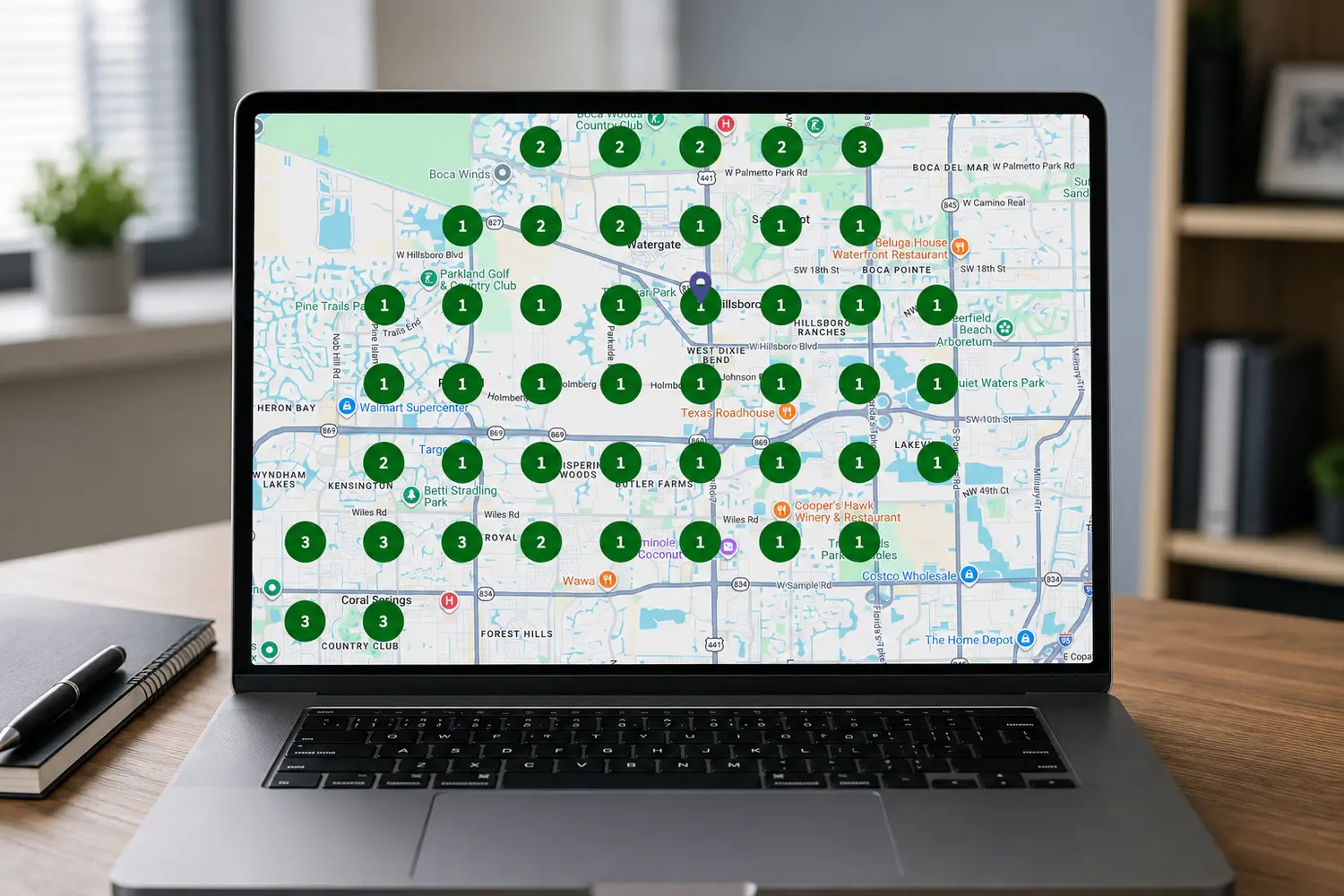 Laptop displaying a local SEO ranking grid for the Best Orthodontist search across Parkland and nearby communities
